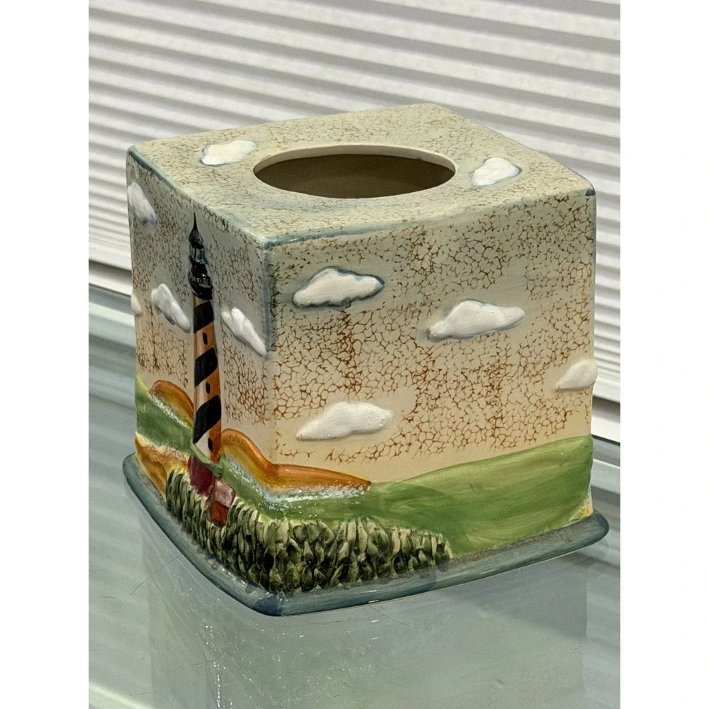 Lighthouse Tissue Box Cover Ceramic 3D Beach Nautical Coastal